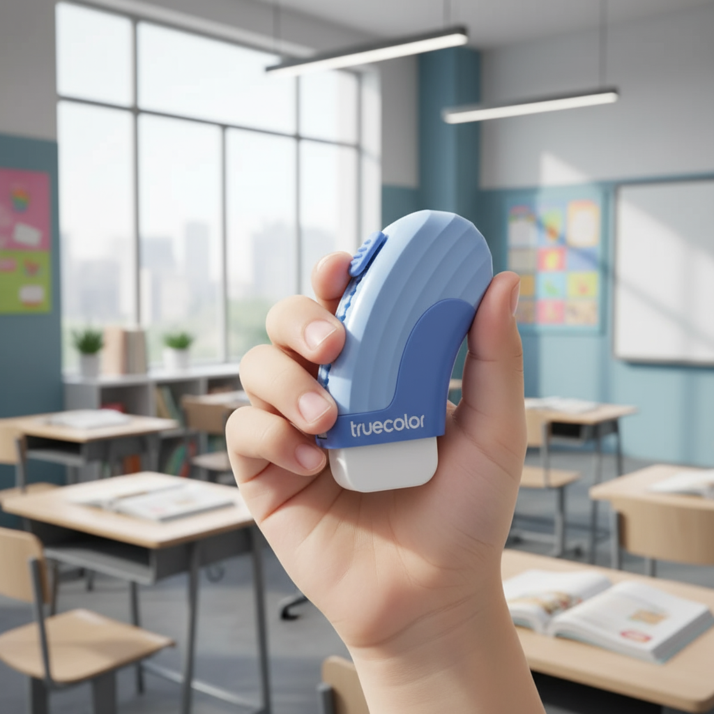 Child holding blue eraser in classroom