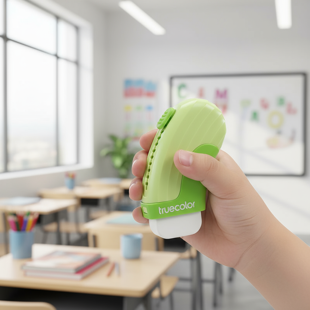 Child holding green eraser in classroom