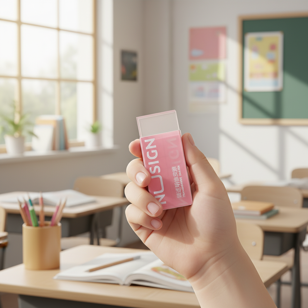 Child holding pink eraser in classroom