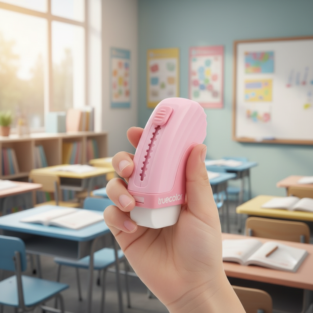 Child holding pink eraser in classroom