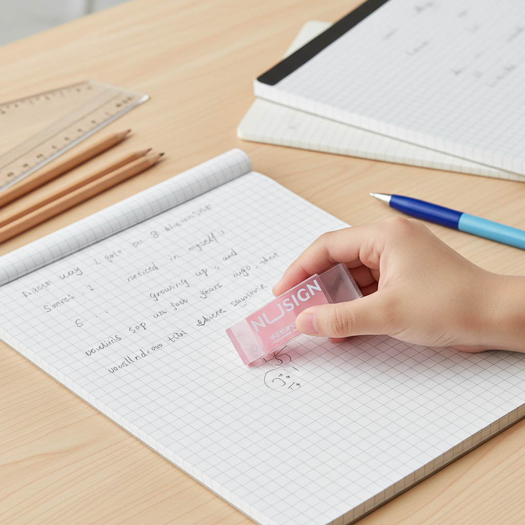 Child holding pink eraser while doing homework