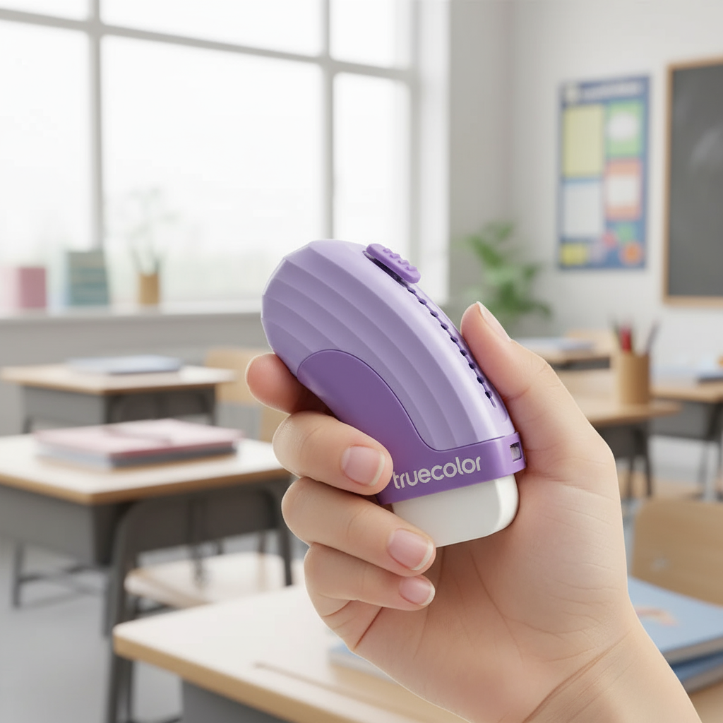 Child holding purple eraser in classroom