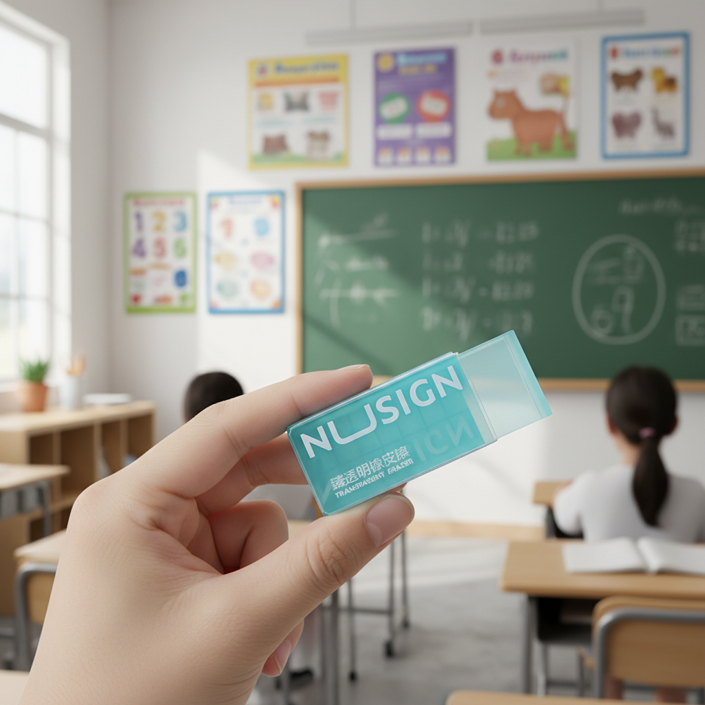 Child holding turquoise eraser in classroom