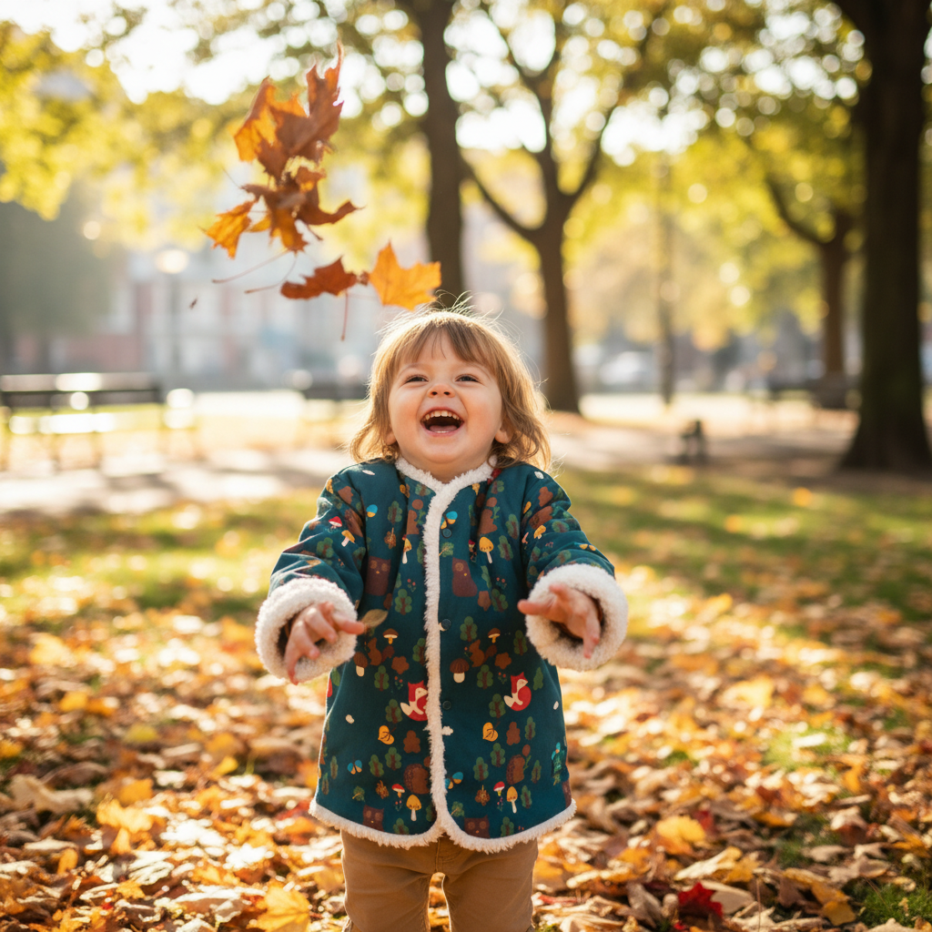 Child in woodland jacket - playing