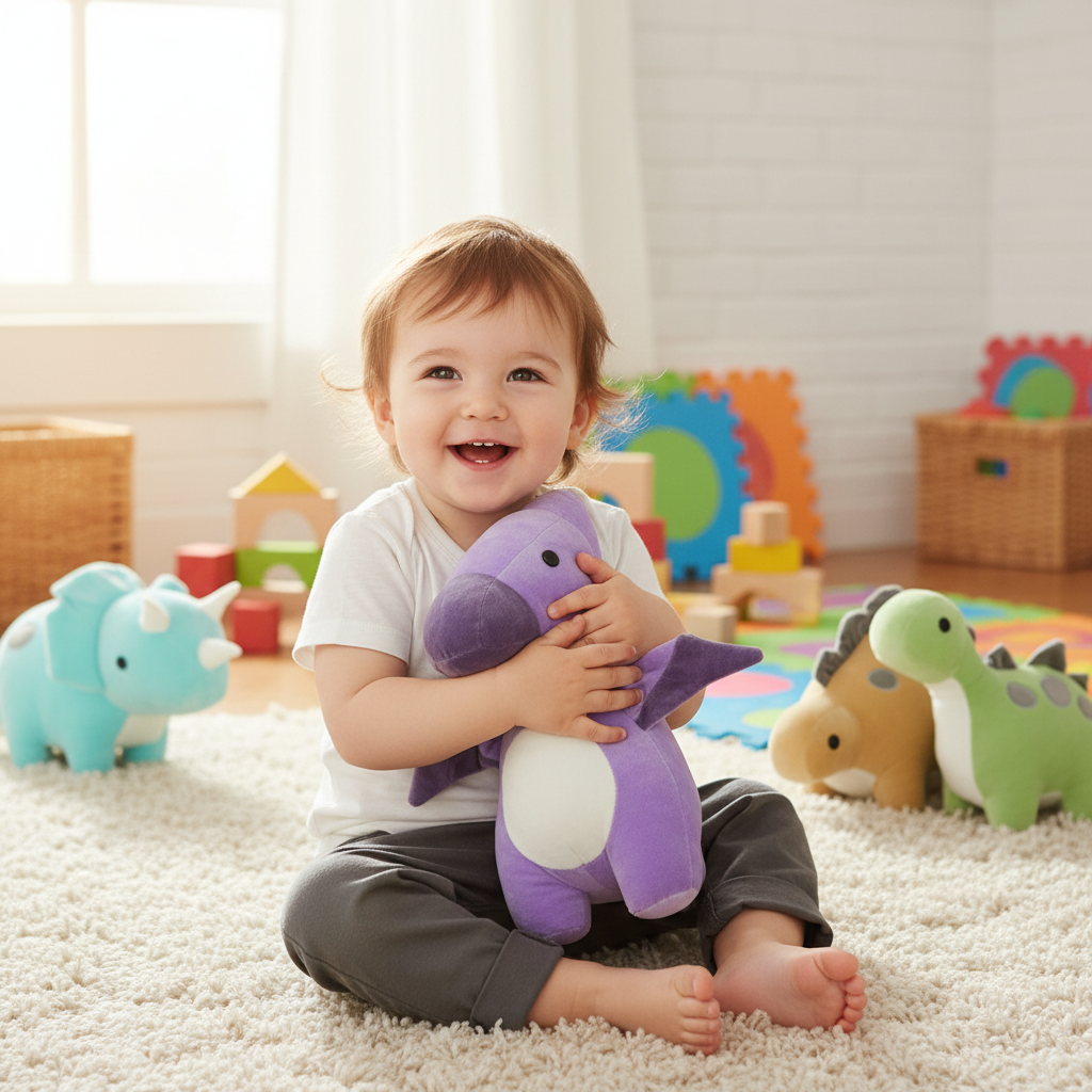 Child playing with purple dinosaur plush