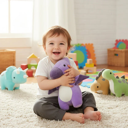 Child playing with purple dinosaur plush