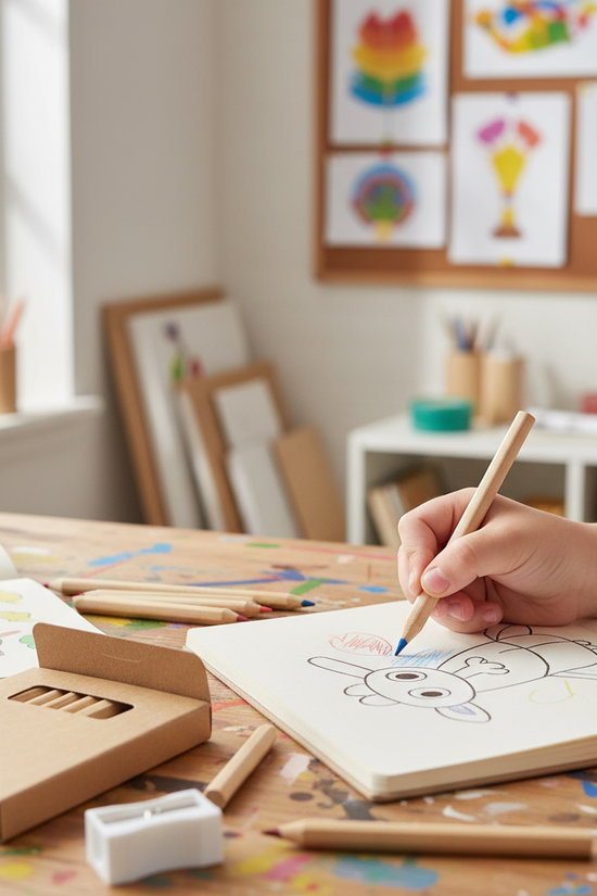 Child using pencils in sketchbook