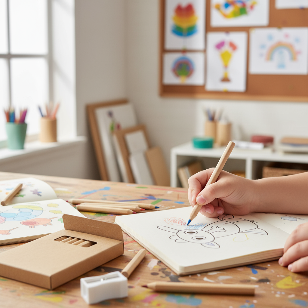 Child using pencils in sketchbook
