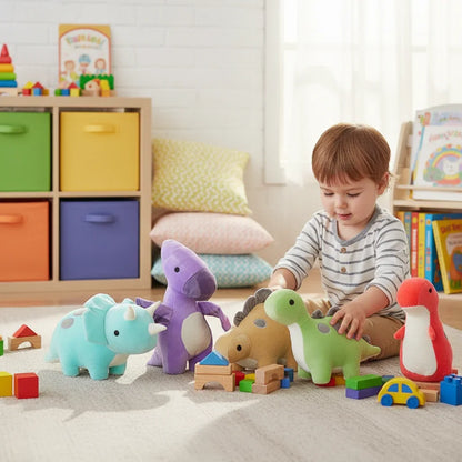 Child with green dinosaur plush on floor