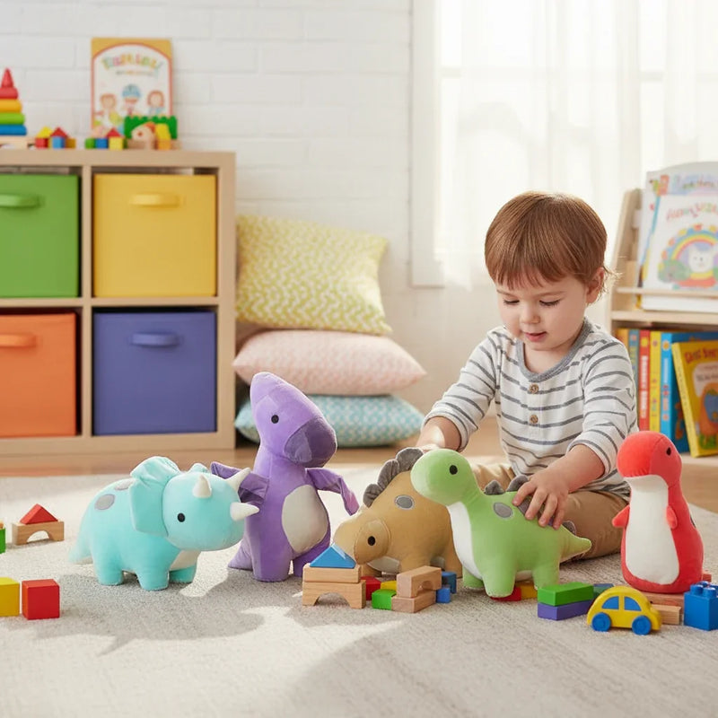 Child with green dinosaur plush on floor