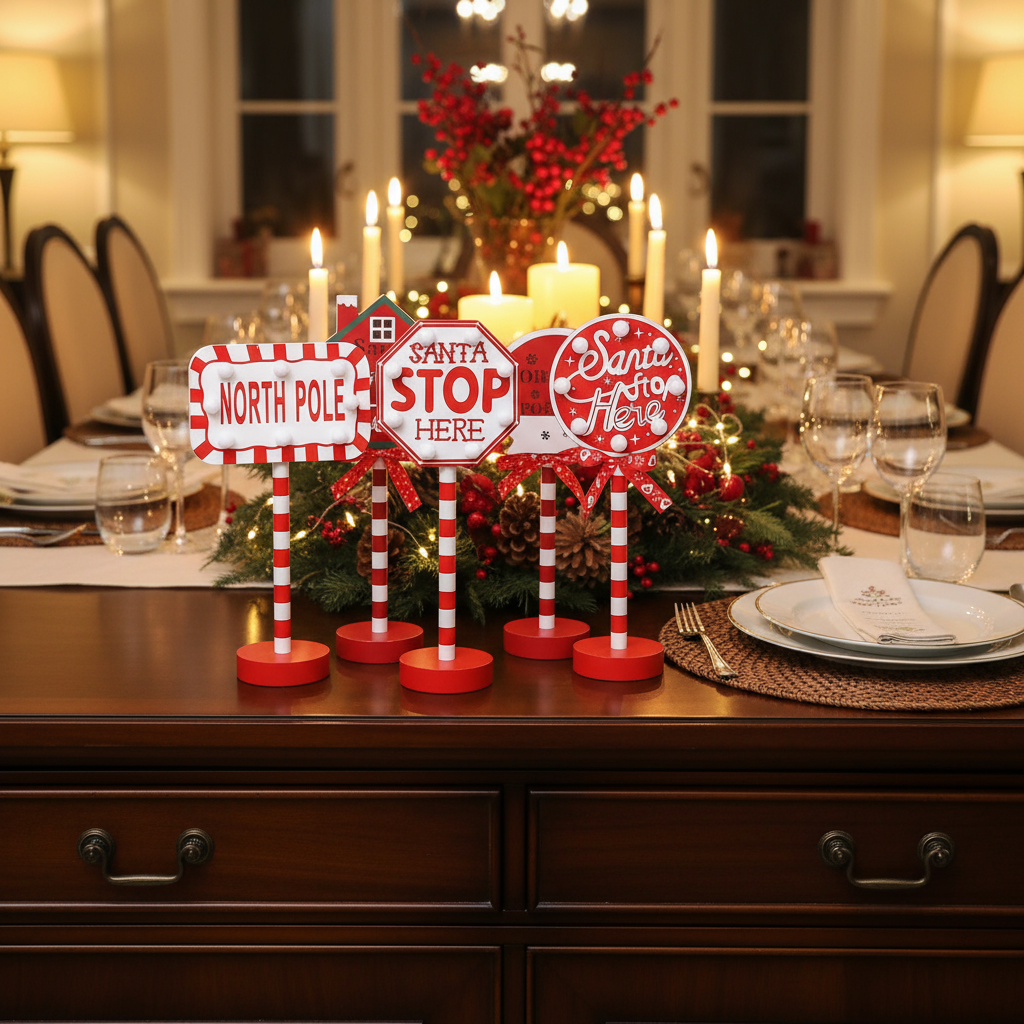 Christmas lamp collection on dining room sideboard