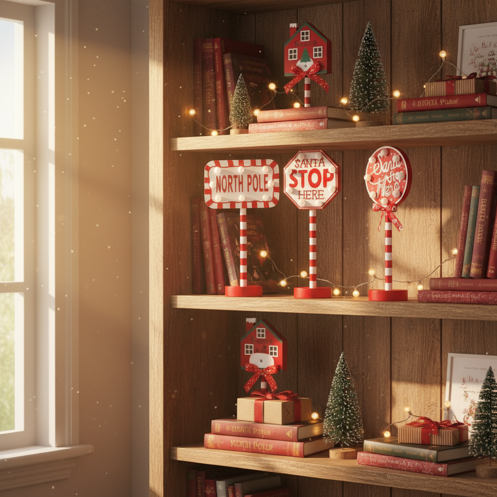 Christmas lamp collection on farmhouse bookshelf