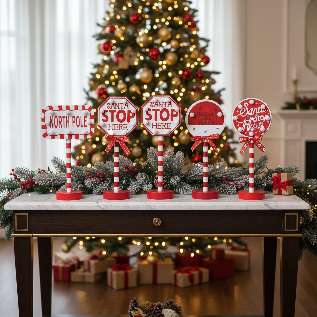 Christmas lamp collection on marble console table