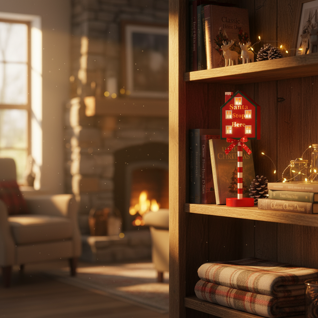 Christmas lamp on farmhouse bookshelf