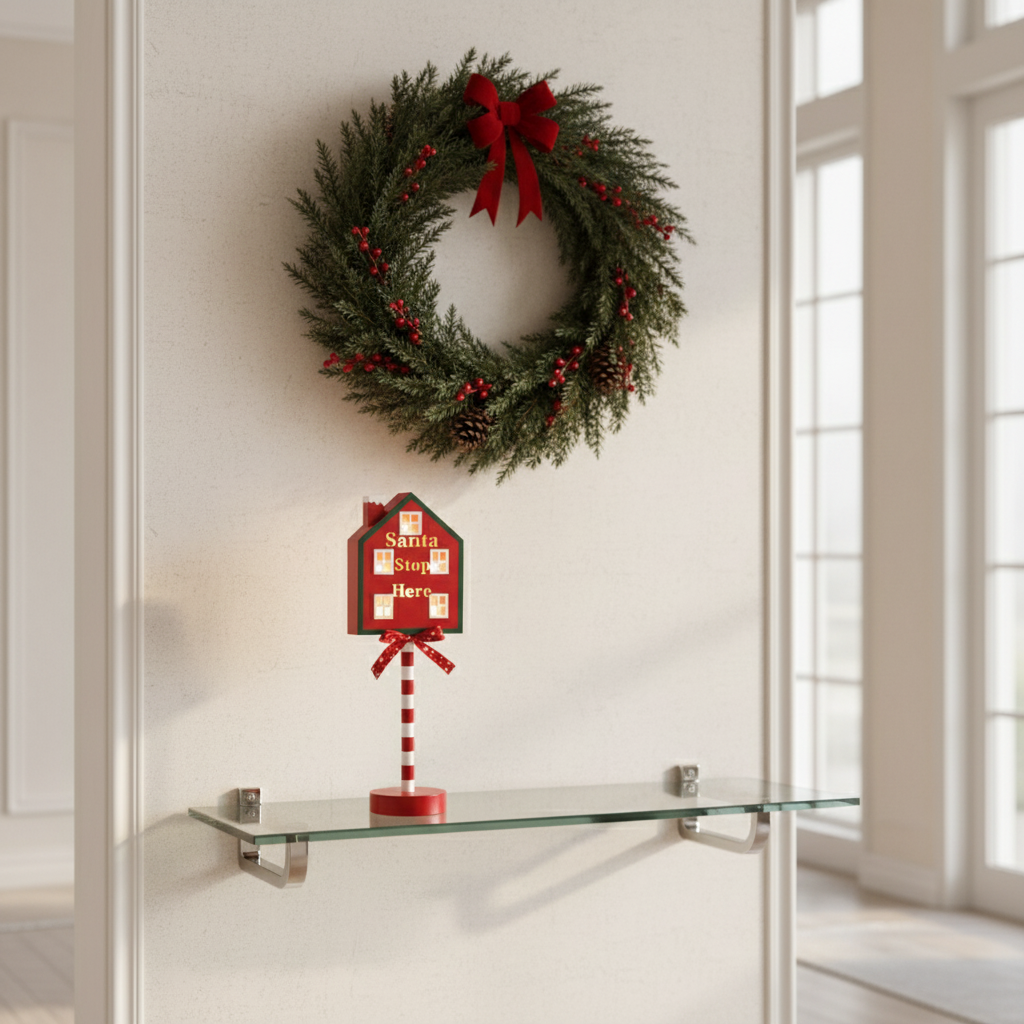 Christmas lamp on glass shelf in entryway
