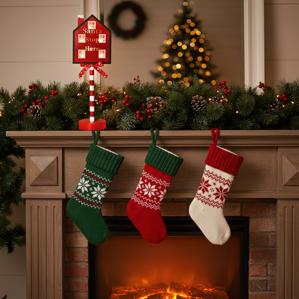 Christmas lamp on rustic mantel