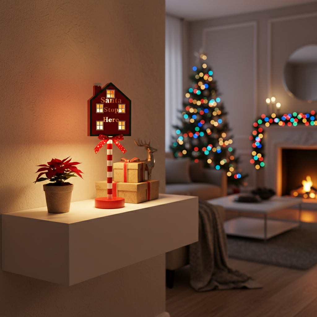 Christmas lamp on white floating shelf