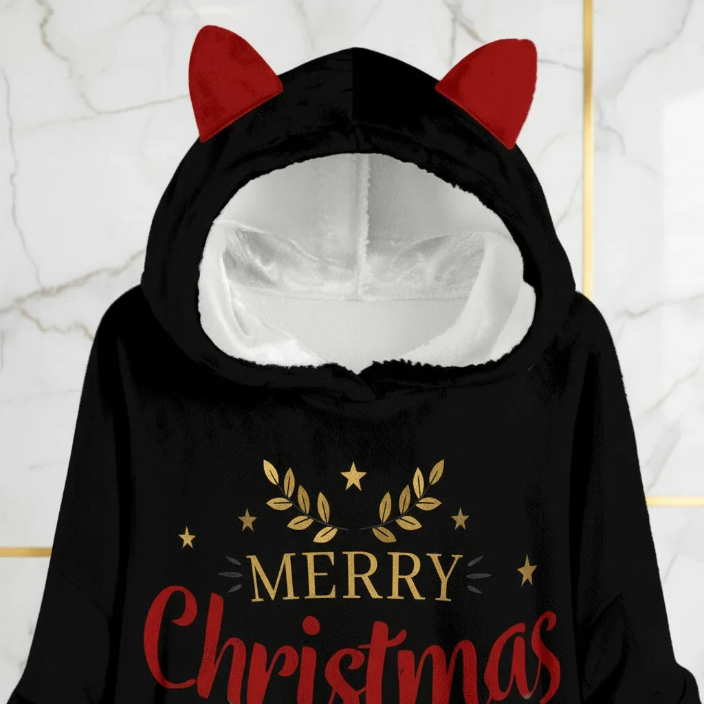 Close-up cat ears and text detail