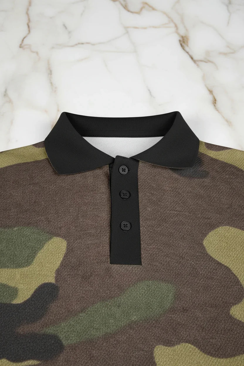 Close-up of camouflage polo shirt collar and buttons on marble surface, Ivorynn fashion