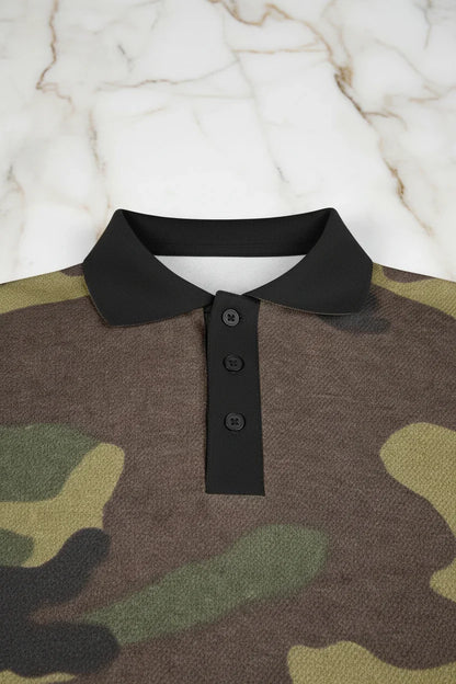Close-up of camouflage polo shirt collar and buttons on marble surface, Ivorynn fashion