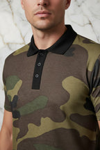 Close-up of men's camo print polo shirt with black collar, available at Ivorynn