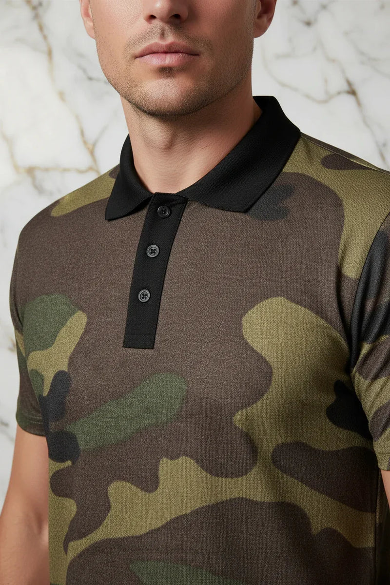 Close-up of men's camo print polo shirt with black collar, available at Ivorynn