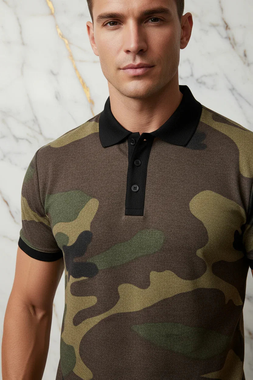 Men’s camouflage polo shirt with black collar, shown close-up, available at IVORYNN