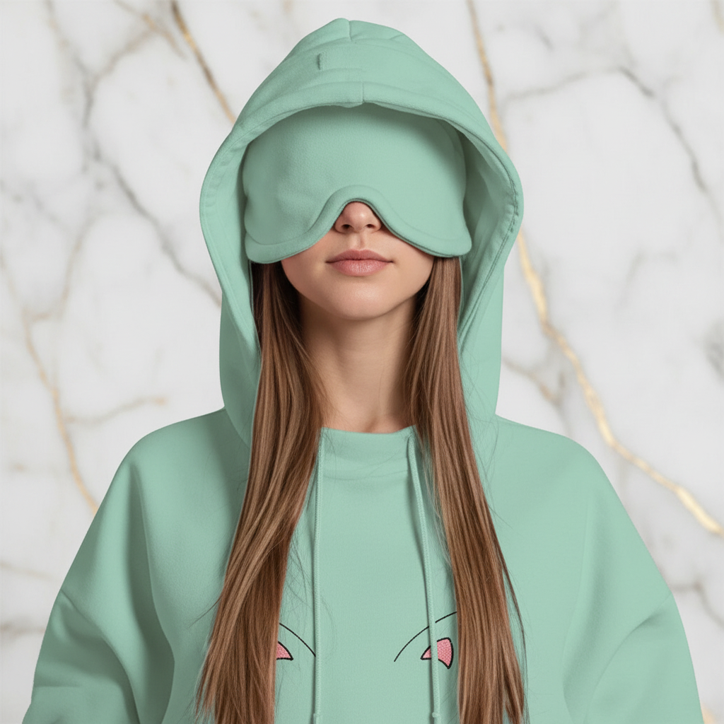 Close-up detail of cat embroidery and eye mask