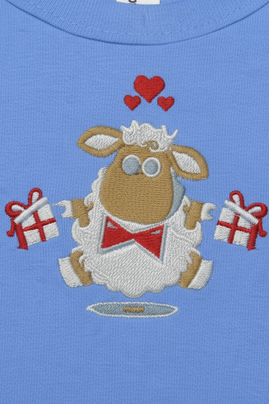 Close-up detail of embroidered sheep design