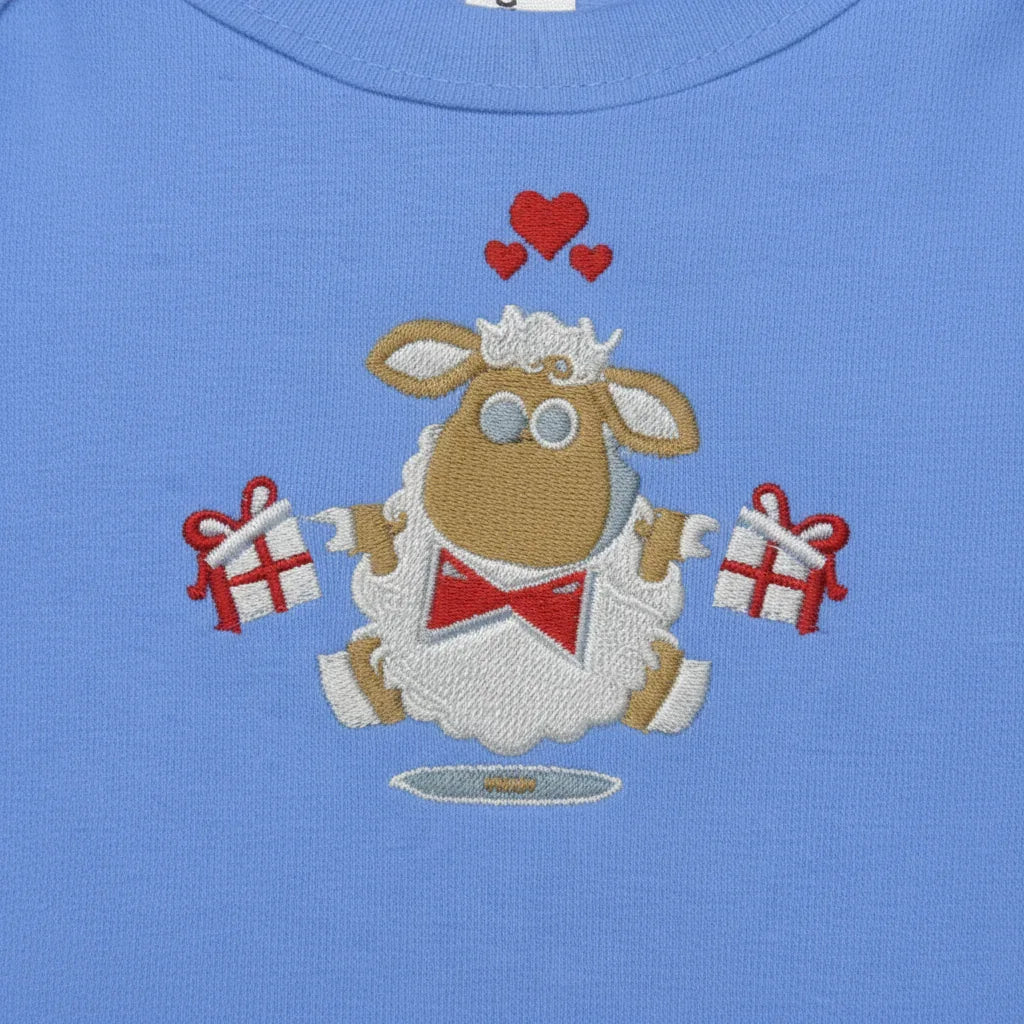 Close-up detail of embroidered sheep design