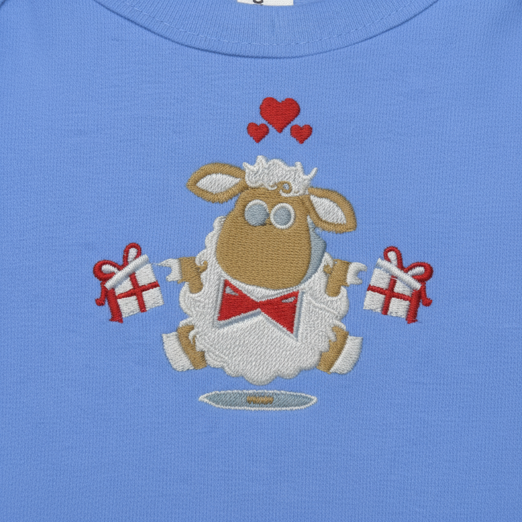 Close-up detail of embroidered sheep design