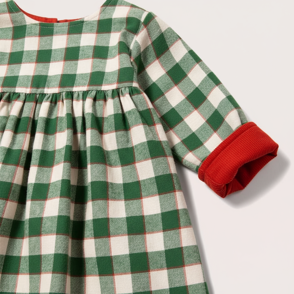 Close-up detail of plaid and red corduroy
