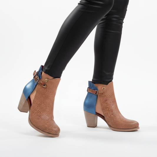 Indigo Tan Denim Leather Ankle Mid-Heel Boot
