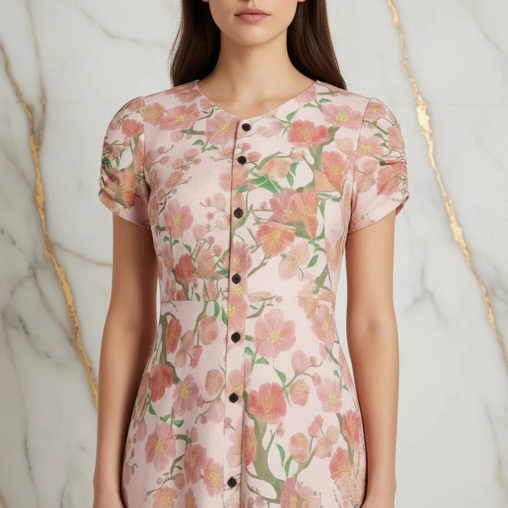 Woman wearing pink floral print button-down dress, stylish fashion from Ivorynn