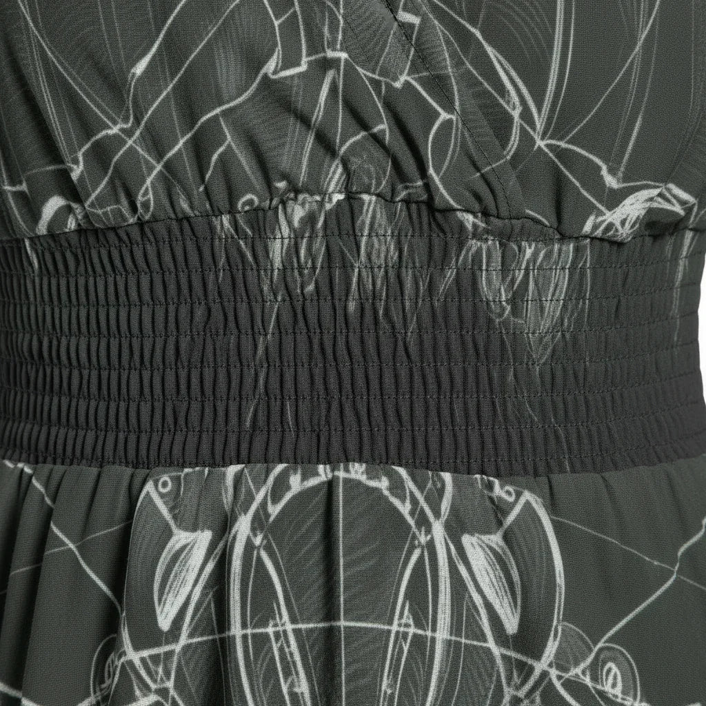 Close-up of elastic waistband on printed fabric skirt, stylish women's fashion at Ivorynn