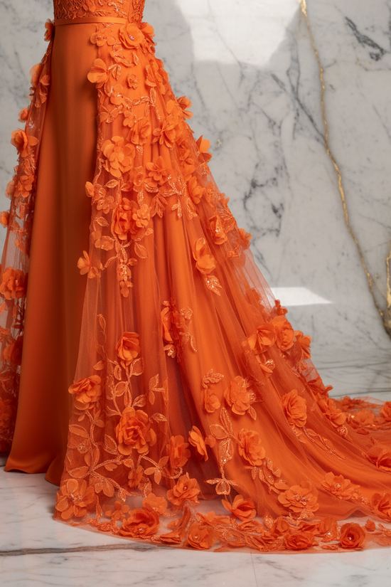 Close-up floral details - Orange gown