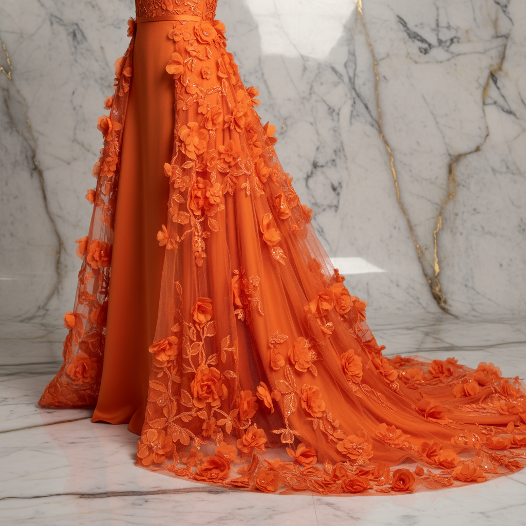 Close-up floral details - Orange gown