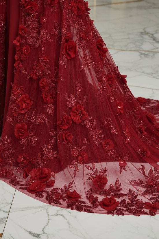 Close-up floral details - Red gown