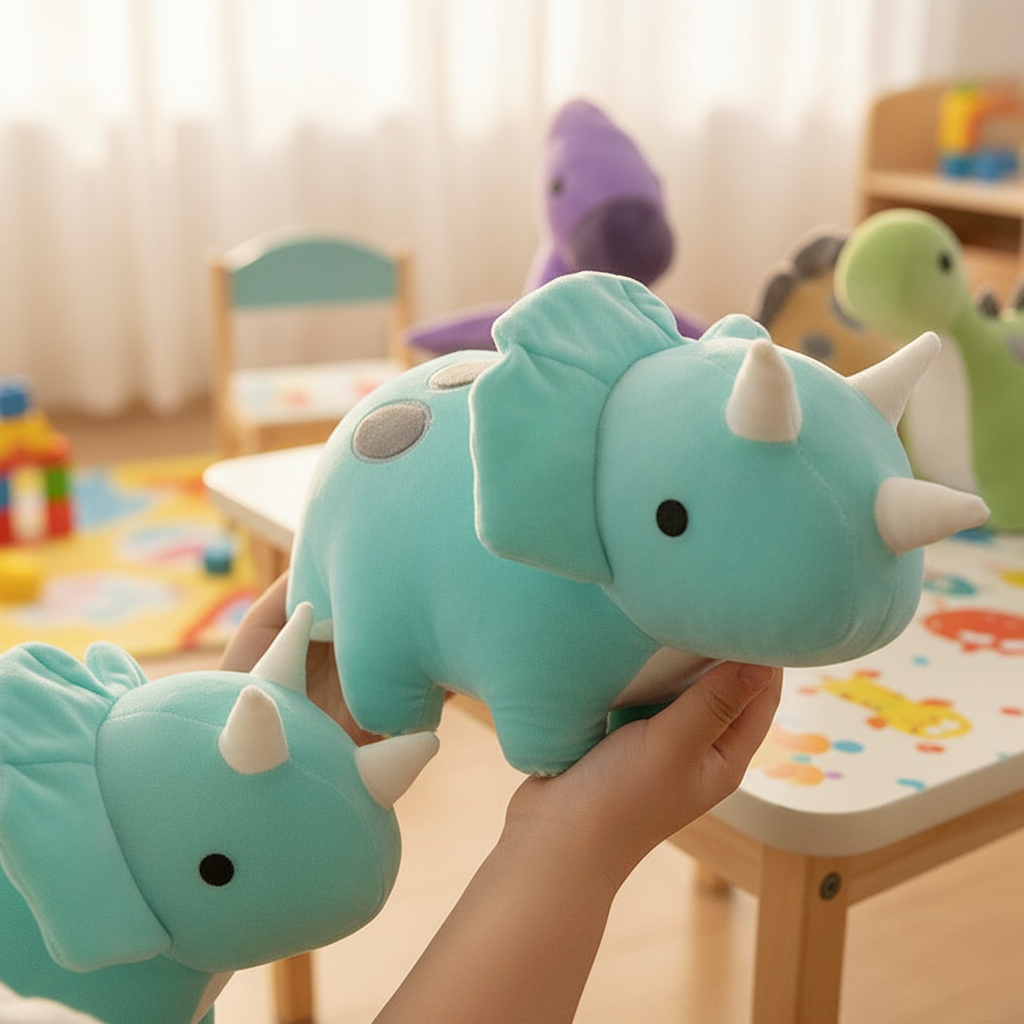 Close-up hands holding dinosaur plush