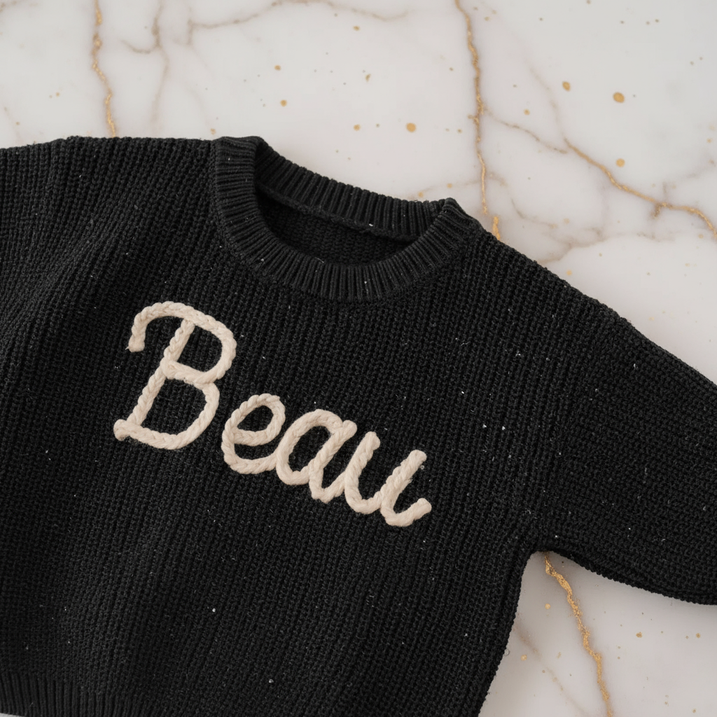 Close-up of "Beau" embroidered text