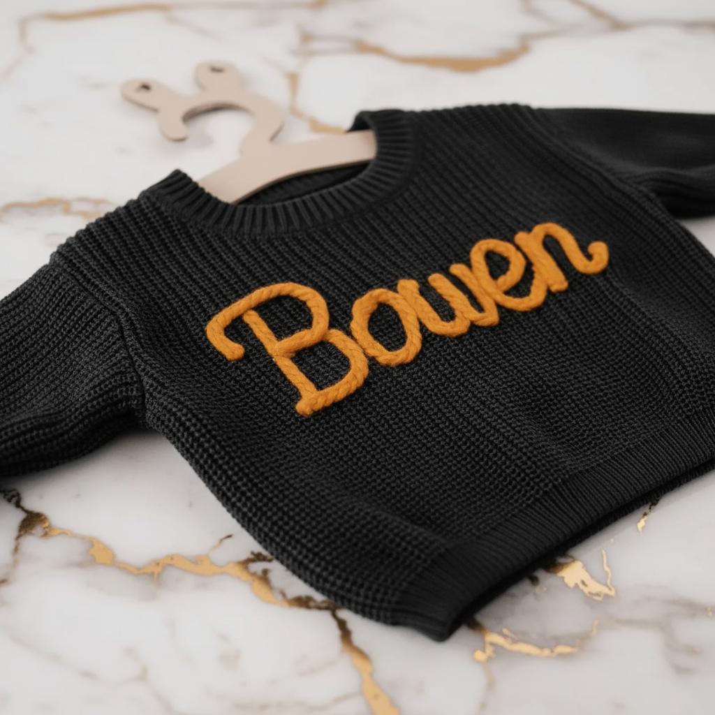 Close-up of "Bowen" embroidered text