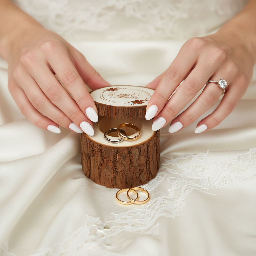 Close-up of bride opening ring box