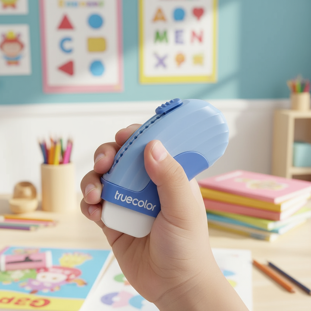 Close-up of child holding blue eraser