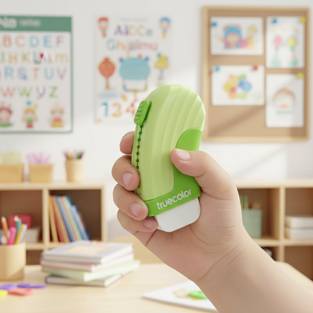 Close-up of child holding green eraser