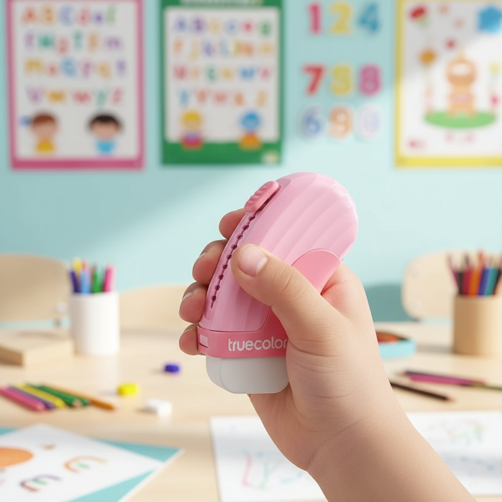 Close-up of child holding pink eraser