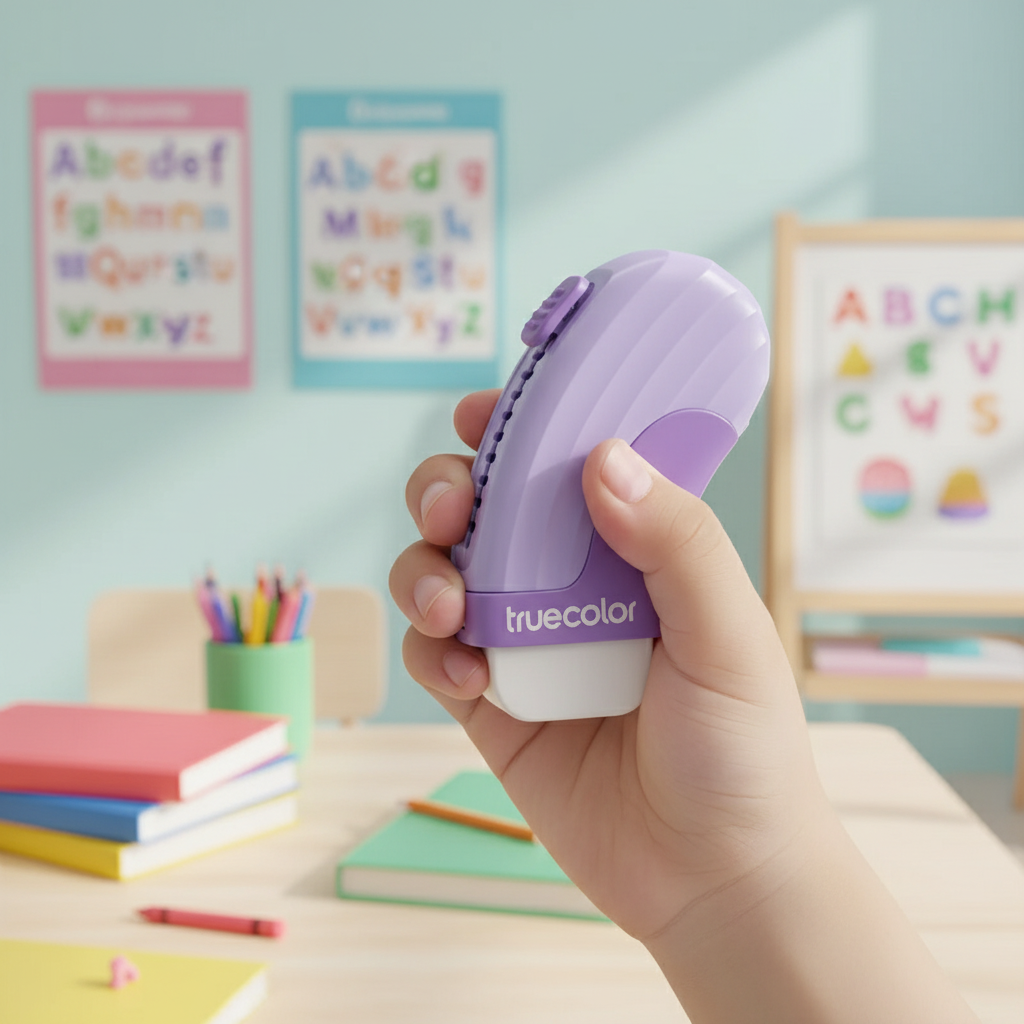 Close-up of child holding purple eraser