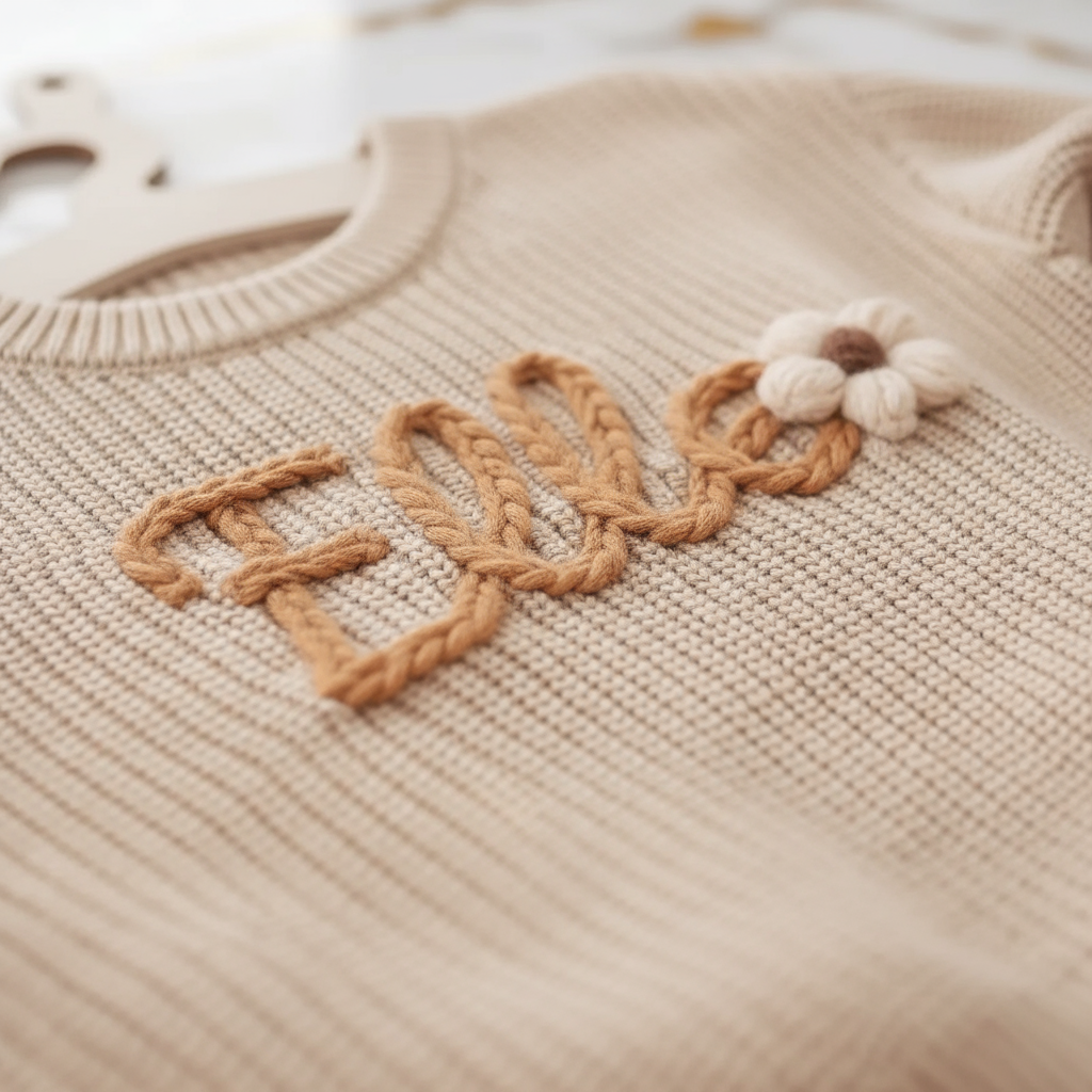Close-up of "Ella" embroidered text