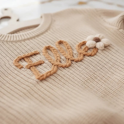 Close-up of "Ella" embroidered text