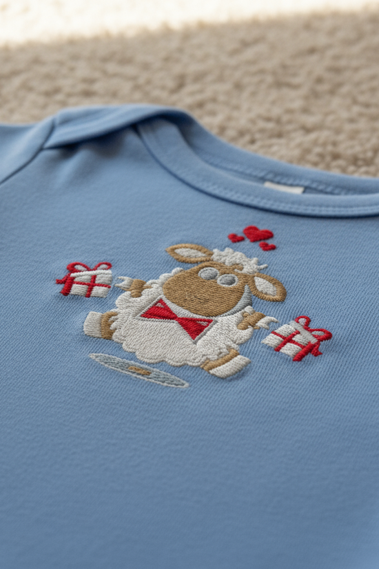 Close-up of embroidered sheep design on beige carpet