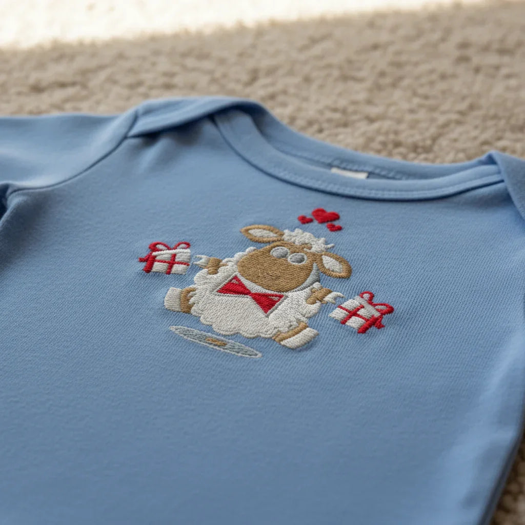 Close-up of embroidered sheep design on beige carpet